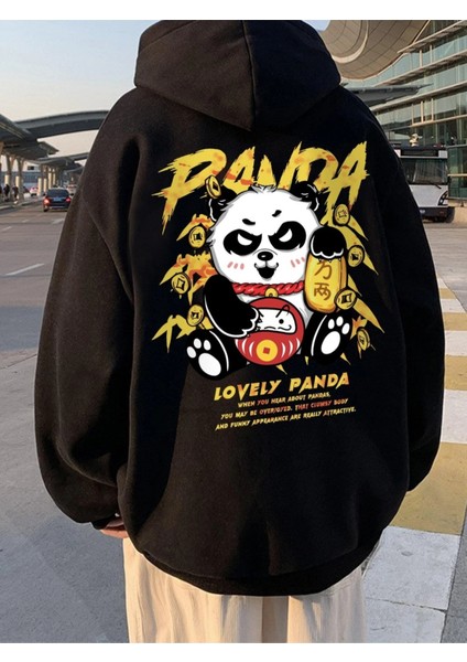 Siyah Lovely Panda Baskılı Oversize Kapüşonlu Erkek Sweatshirt