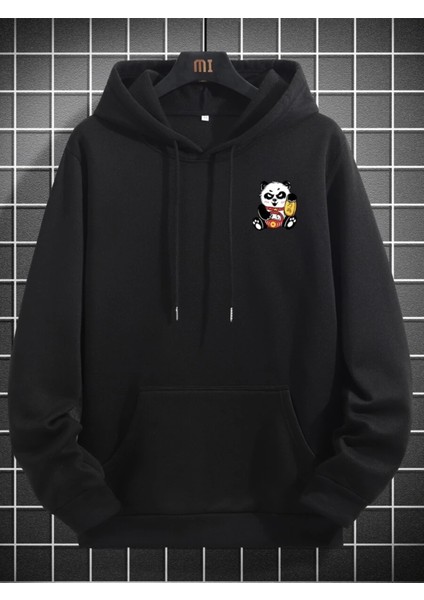 Siyah Lovely Panda Baskılı Oversize Kapüşonlu Erkek Sweatshirt