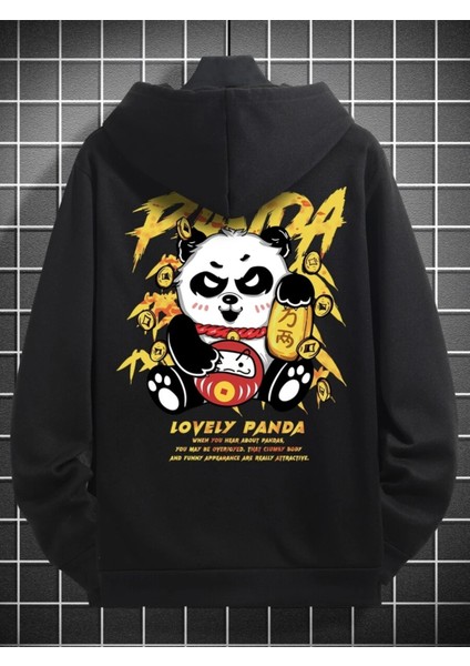 Siyah Lovely Panda Baskılı Oversize Kapüşonlu Erkek Sweatshirt
