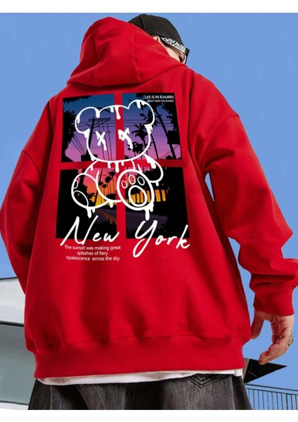Kırmızı New York Ayı Baskılı Oversize Kapüşonlu Erkek Sweatshirt