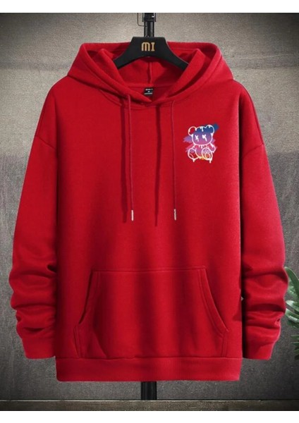 Kırmızı New York Ayı Baskılı Oversize Kapüşonlu Erkek Sweatshirt