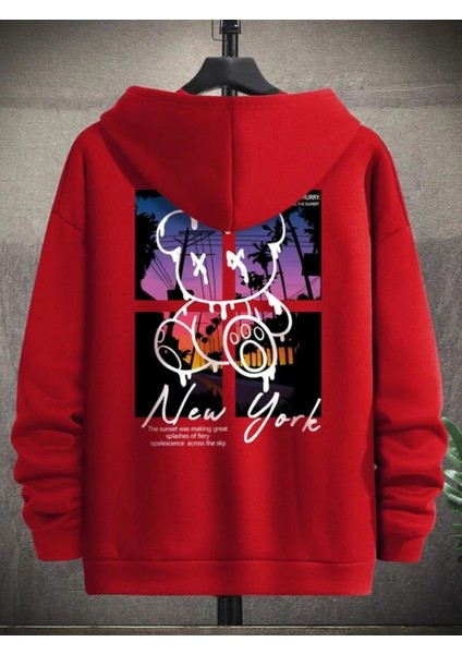 Kırmızı New York Ayı Baskılı Oversize Kapüşonlu Erkek Sweatshirt