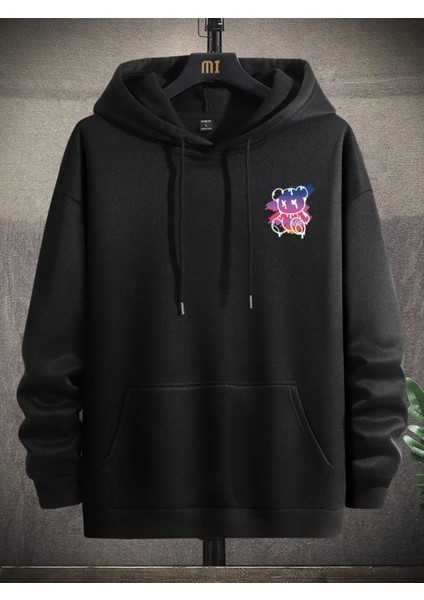 Siyah New York Ayı Baskılı Oversize Kapüşonlu Erkek Sweatshirt