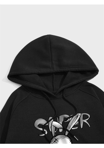 Siyah Süper Tavşan Baskılı Oversize Kapüşonlu Erkek Sweatshirt fiyatları
