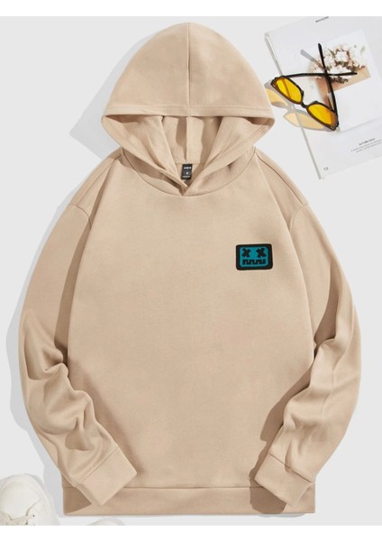 Bej Kare Gülücük Baskılı Oversize Kapüşonlu Erkek Sweatshirt
