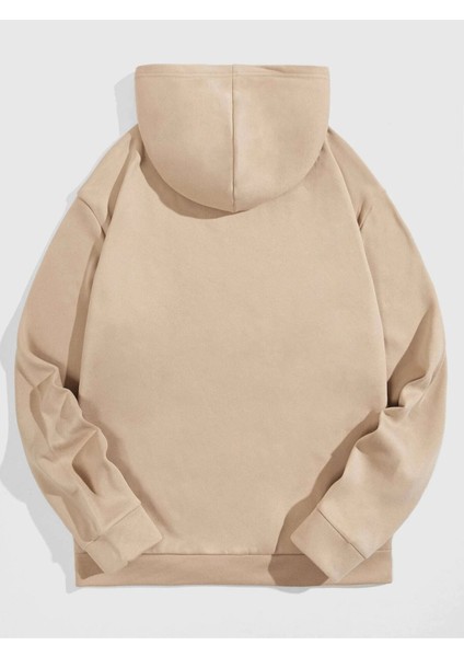Bej Kare Gülücük Baskılı Oversize Kapüşonlu Erkek Sweatshirt