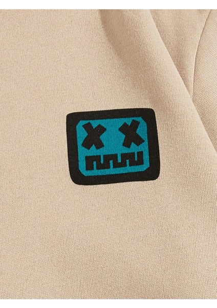Bej Kare Gülücük Baskılı Oversize Kapüşonlu Erkek Sweatshirt
