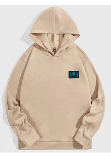 Bej Kare Gülücük Baskılı Oversize Kapüşonlu Erkek Sweatshirt