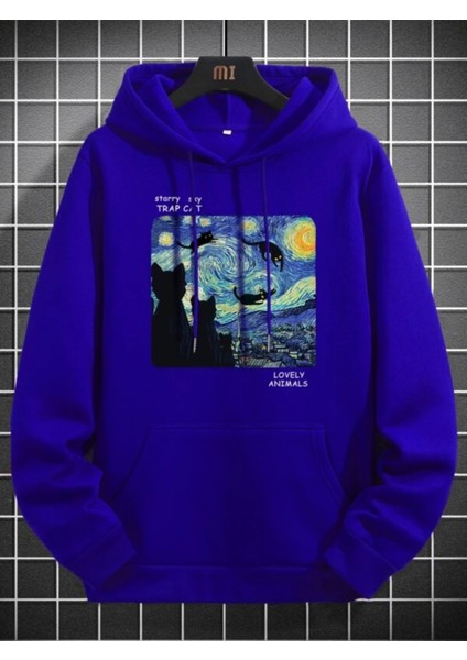 Sax Mavi Trap Cat Baskılı Oversize Erkek Sweatshirt