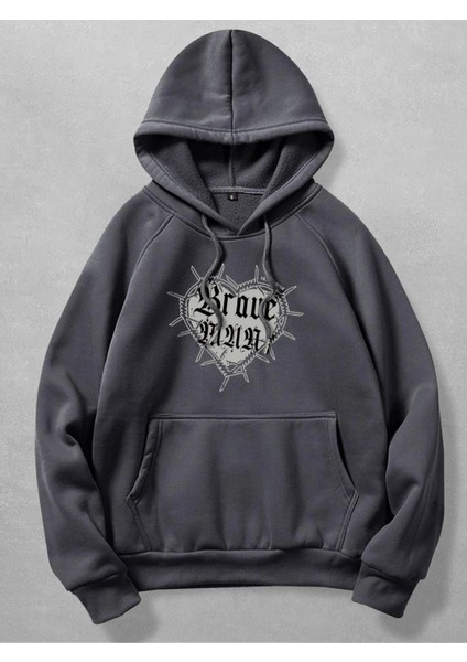 Unisex Antrasit Brave Baskılı 3 Iplik Oversize Kapüşonlu Sweatshirt