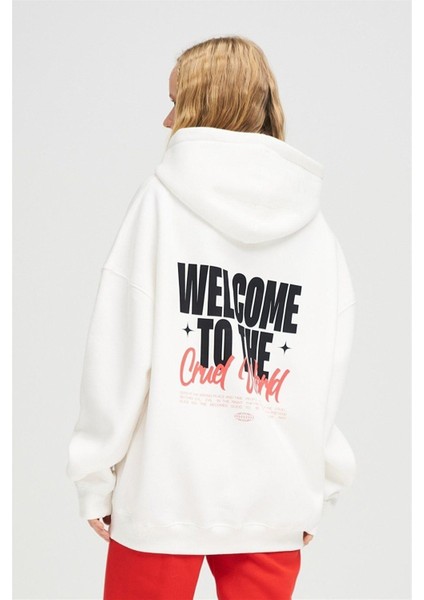 Unisex Beyaz Welcome Baskılı Oversize Kapüşonlu Sweatshirt