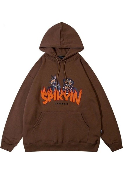 Erkek Kahverengi Spıkyın Darkness Baskılı Oversize Kapüşonlu Sweatshirt