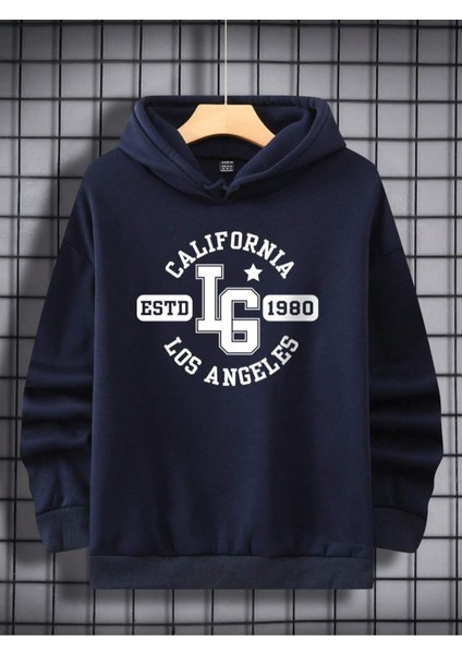 Lacivert Lg Baskılı Oversize Kapüşonlu Erkek Sweatshirt