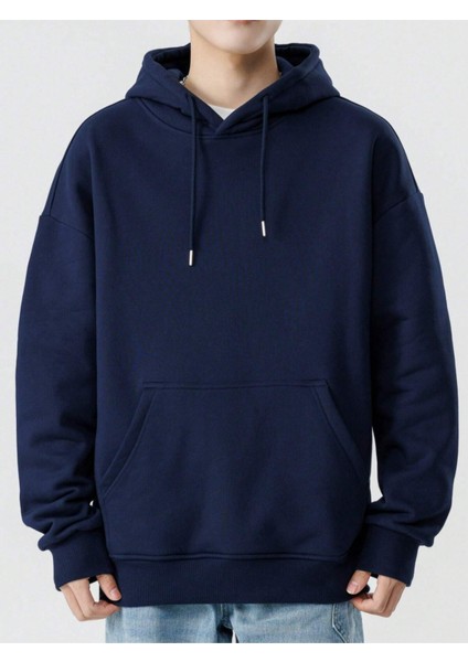 Lacivert Helpfully Baskılı Oversize Kapüşonlu Erkek Sweatshirt
