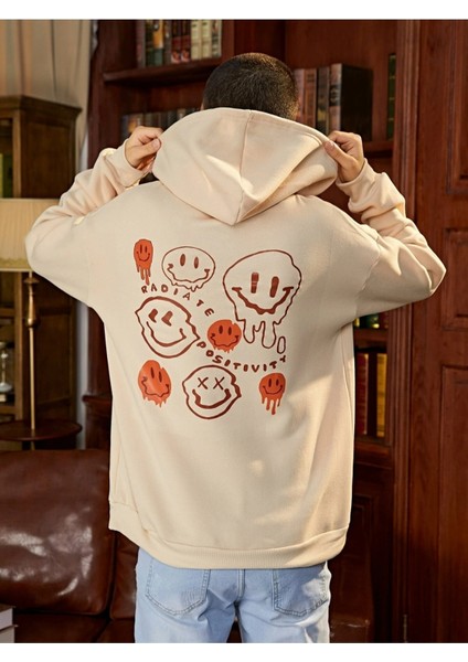 Bej Radiate Baskılı Oversize Kapüşonlu Erkek Sweatshirt