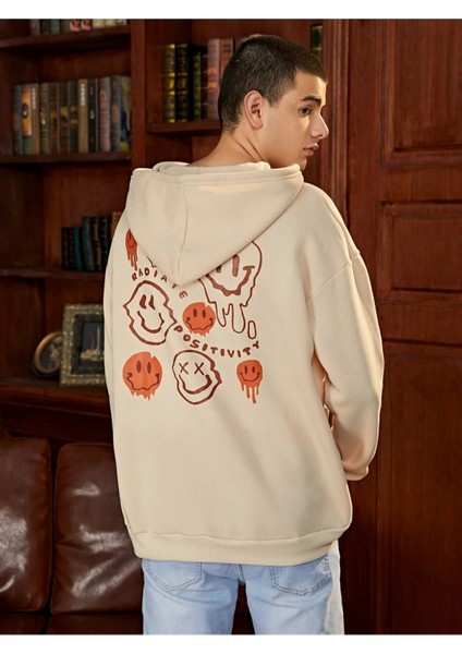 Bej Radiate Baskılı Oversize Kapüşonlu Erkek Sweatshirt