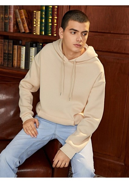 Bej Radiate Baskılı Oversize Kapüşonlu Erkek Sweatshirt