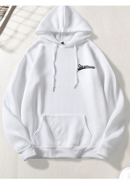 Beyaz Stay Optimistic Baskılı Oversize Kapüşonlu Erkek Sweatshirt