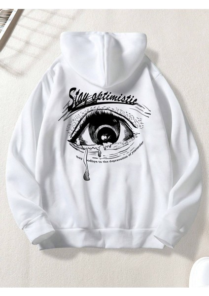 Beyaz Stay Optimistic Baskılı Oversize Kapüşonlu Erkek Sweatshirt