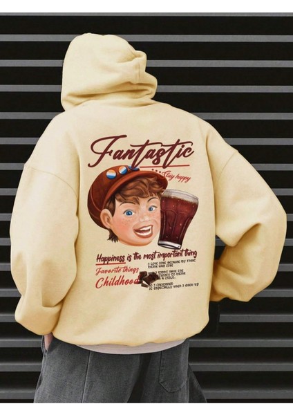 Bej Fantastic Baskılı Oversize Kapüşonlu Erkek Sweatshirt