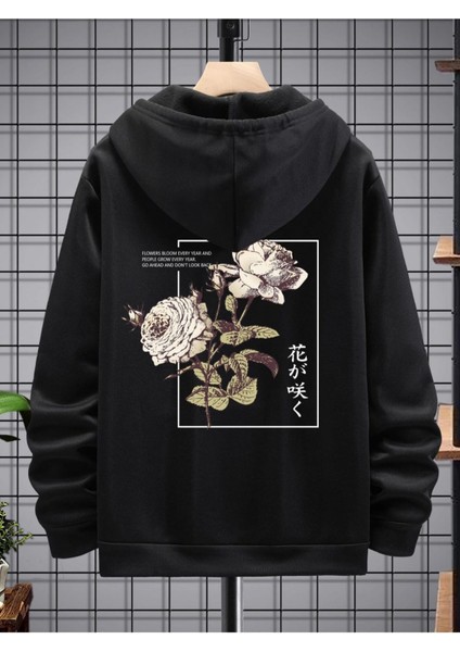 Siyah Beyaz Gül Baskılı Oversize Bisiklet Yaka Erkek Sweat