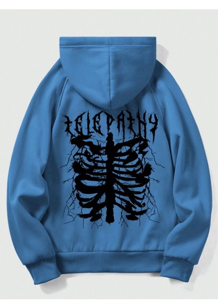 Mavi Telepathy Baskılı Oversize Kapşonlu Erkek Sweatshirt