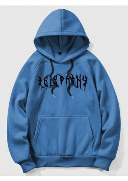 Mavi Telepathy Baskılı Oversize Kapşonlu Erkek Sweatshirt