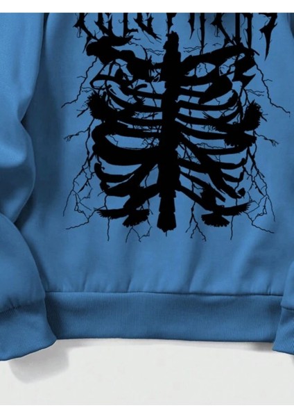 Mavi Telepathy Baskılı Oversize Kapşonlu Erkek Sweatshirt