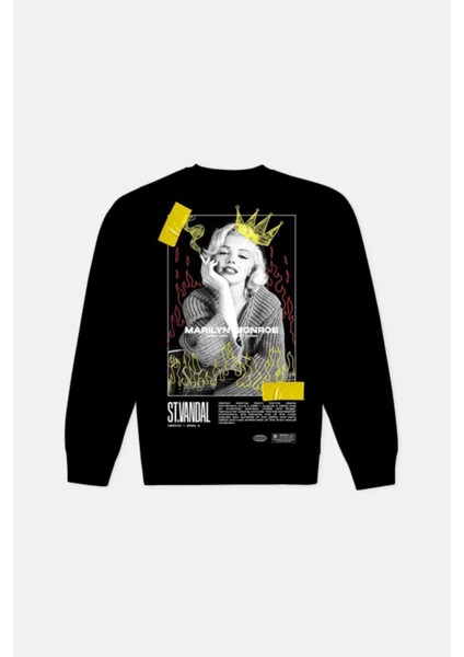 Siyah Marilyn Monroe Baskılı Oversize Erkek Bisiklet Yaka Sweatshirt