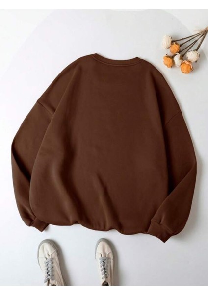 Kahve Rengi Illinois 75 Baskılı Oversize Bisiklet Yaka Erkek Sweatshirt. fiyatları