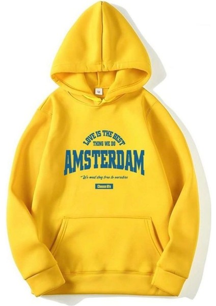 Sarı Amsterdam Baskılı Oversize Kapuşonlu Erkek Sweatshirt