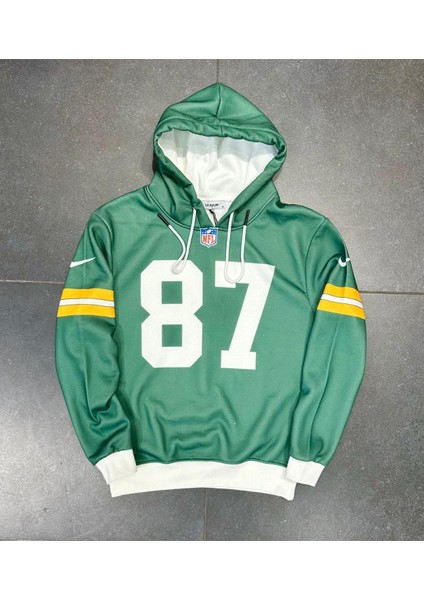 Yeşil 87 Baskılı Oversize Erkek Kapuşonlu Sweatshirt