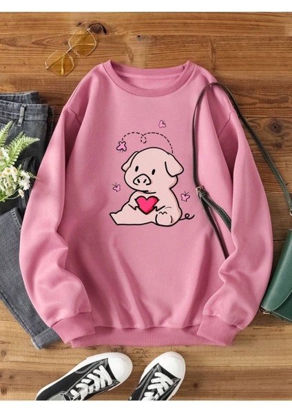 Pembe Domuz Baskılı Oversize Bisiklet Yaka Kadın Sweatshirt