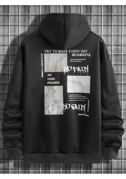 Siyah No Pain No Gain Baskılı Oversize Kapuşonlu Unisex Sweatshirt