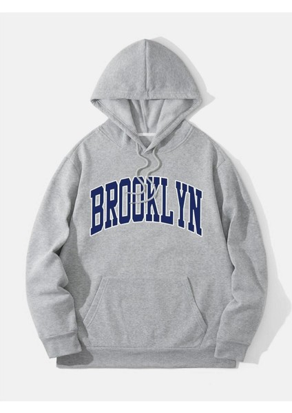 Açık Gri Brooklyn Oval Yazı Baskılı Oversize Kapüşonlu Erkek Sweatshirt