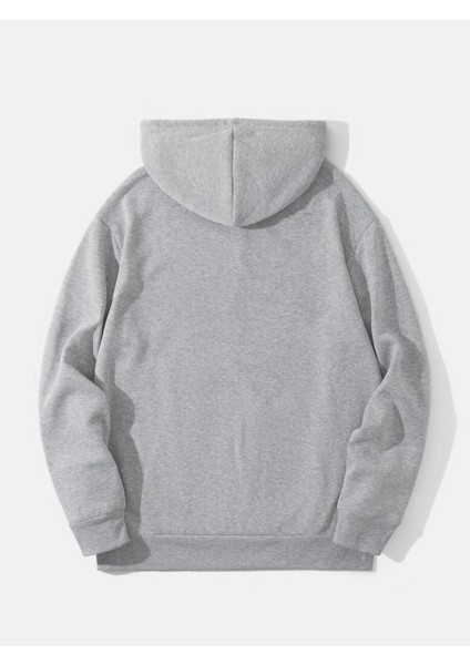 Açık Gri Brooklyn Oval Yazı Baskılı Oversize Kapüşonlu Erkek Sweatshirt