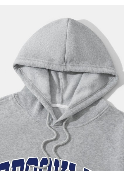 Açık Gri Brooklyn Oval Yazı Baskılı Oversize Kapüşonlu Erkek Sweatshirt