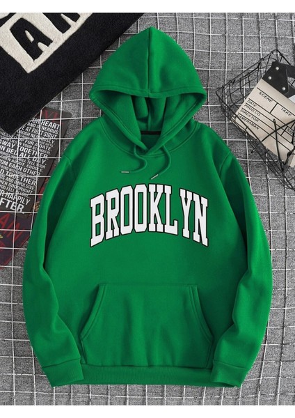 Yeşil Brooklyn Oval Yazı Baskılı Oversize Kapüşonlu Erkek Sweatshirt