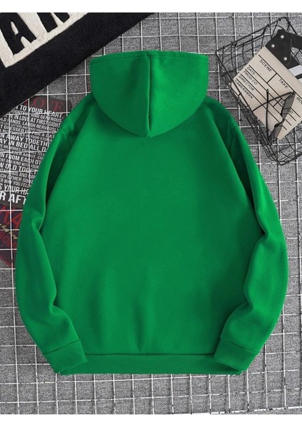 Yeşil Brooklyn Oval Yazı Baskılı Oversize Kapüşonlu Erkek Sweatshirt