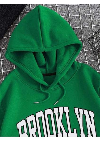 Yeşil Brooklyn Oval Yazı Baskılı Oversize Kapüşonlu Erkek Sweatshirt