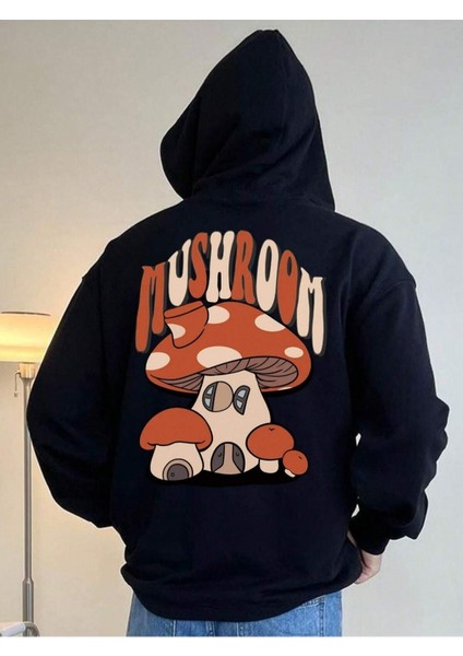 Siyah Mushroom Mantar Baskılı Oversize Kapüşonlu Erkek Sweatshirt