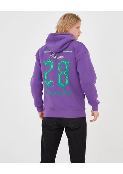 Mor Blossom 28 Baskılı Oversize Kapuşonlu Erkek Sweatshirt