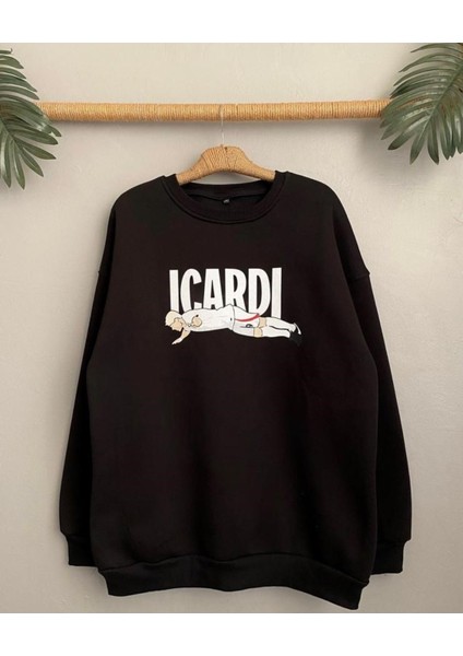 Siyah Icardi Baskılı Oversize Bisiklet Yaka Erkek Sweatshirt