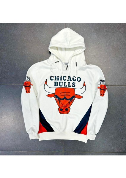 Beyaz Bulls Baskılı Oversize Erkek Kapuşonlu Sweatshirt