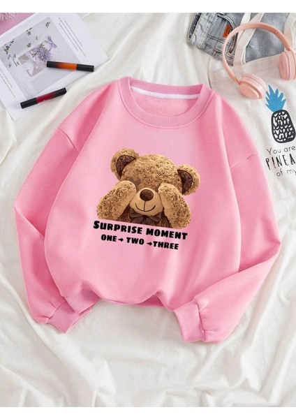 Pembe Ayıcık Baskılı Oversize Bisiklet Yaka Kadın Sweatshirt