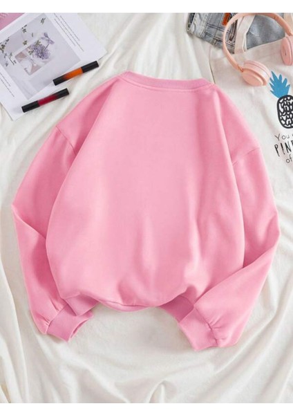 Pembe Ayıcık Baskılı Oversize Bisiklet Yaka Kadın Sweatshirt modelleri
