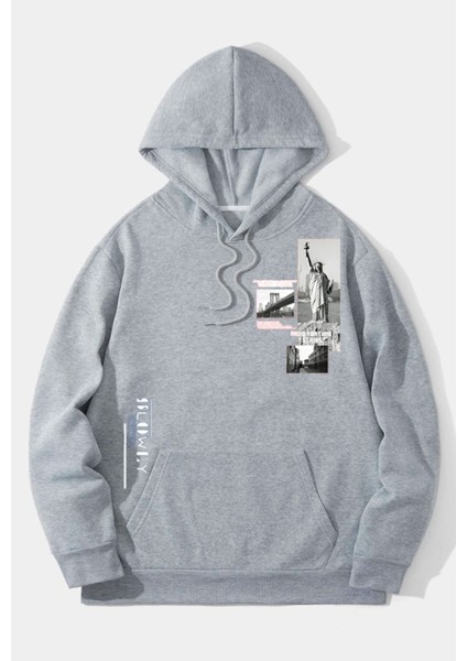 Gri Özgürlük Heykeli Baskılı Oversize Kapuşonlu Erkek Sweatshirt