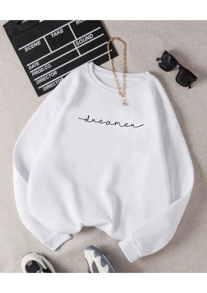 Beyaz Dreamer Baskılı Oversize Bisiklet Yaka Unisex Sweat.