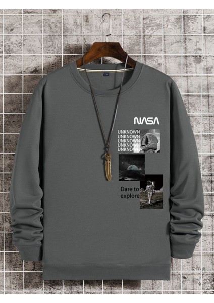 Gri Nasa Baskılı Oversize Bisiklet Yaka Erkek Sweatshirt