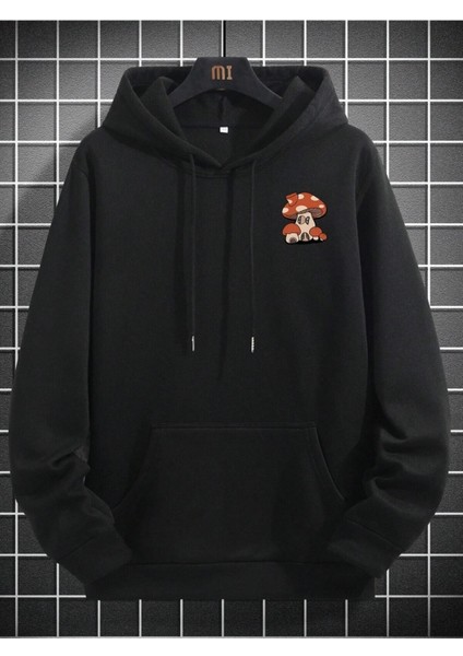 Siyah Mushroom Mantar Baskılı Oversize Kapüşonlu Erkek Sweatshirt